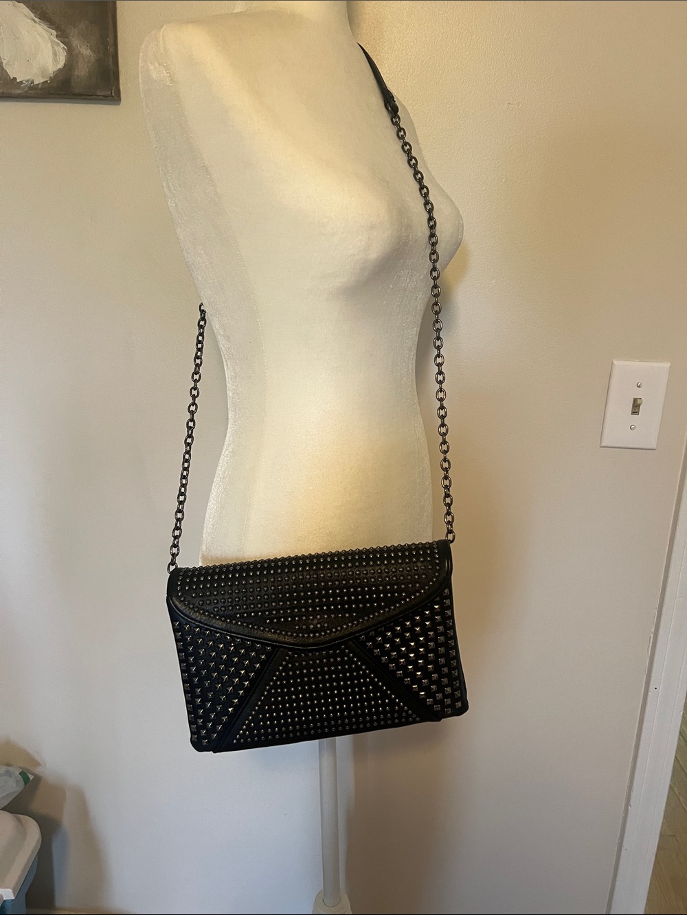 MMS Black Studded Envelope Crossbody Bag with Chain